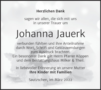 Traueranzeige von Johanna Jauerk von Trauerkombi Zeitz