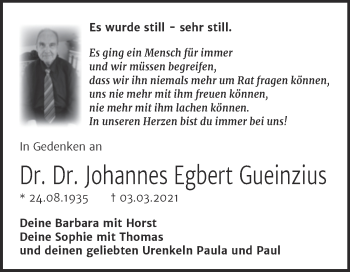 Traueranzeige von Johannes Egbert Gueinzius von Mitteldeutsche Zeitung Bitterfeld