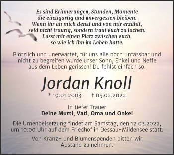 Traueranzeige von Jordan Knoll von Trauerkombi Dessau