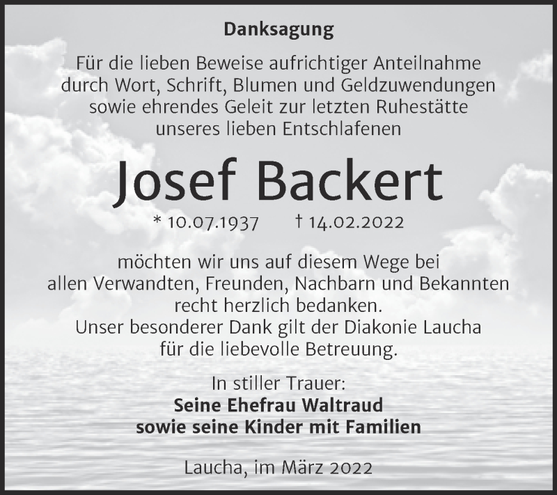 Traueranzeige für Josef Backert vom 12.03.2022 aus Naumburger Tageblatt