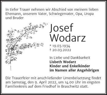 Traueranzeige von Josef Wodarz von Mitteldeutsche Zeitung Halle/Saalkreis