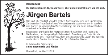 Traueranzeige von Jürgen Bartels von Trauerkombi Mansfelder Land