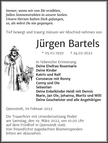 Traueranzeige von Jürgen Bartels von Trauerkombi Mansfelder Land