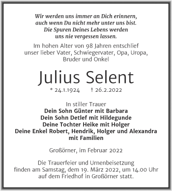 Traueranzeige von Julius Selent von Trauerkombi Mansfelder Land