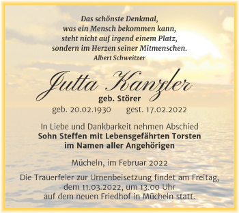 Traueranzeige von Jutta Kanzler von Trauerkombi Merseburg