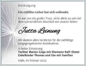 Traueranzeige von Jutta Leinung von Trauerkombi Merseburg