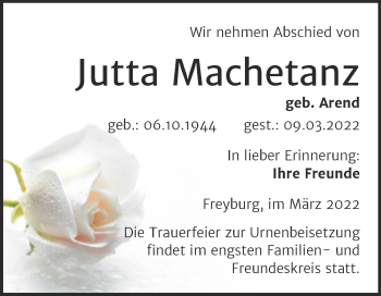 Traueranzeige von Jutta Machetanz von Wochenspiegel Naumburg/Nebra