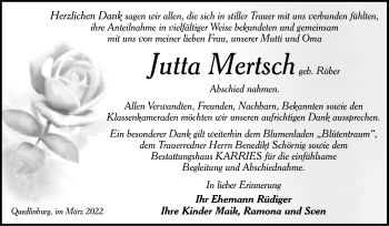 Traueranzeige von Jutta Mertsch von Trauerkombi Quedlinburg