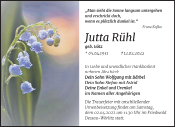 Traueranzeige von Jutta Rühl von Trauerkombi Wittenberg
