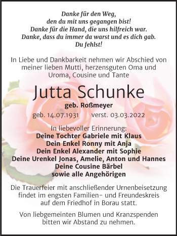Traueranzeige von Jutta Schunke von Trauerkombi Weißenfels
