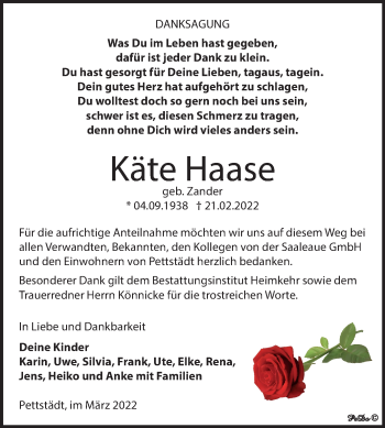 Traueranzeige von Käte Haase von Trauerkombi Weißenfels