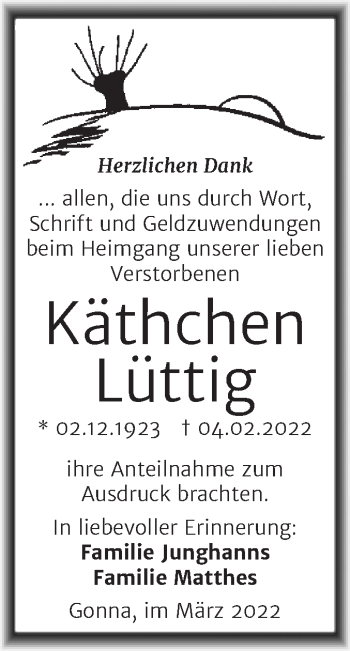 Traueranzeige von Käthchen Lüttig von Trauerkombi Sangerhausen