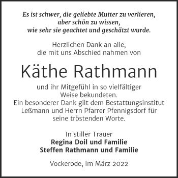 Traueranzeige von Käthe Rathmann von Trauerkombi Wittenberg