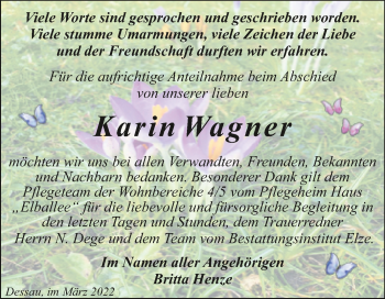 Traueranzeige von Karin Wagner von Trauerkombi Dessau