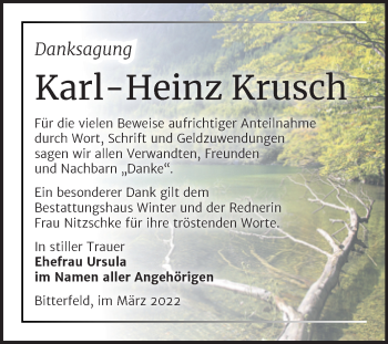 Traueranzeige von Karl-Heinz Krusch von Trauerkombi Bitterfeld