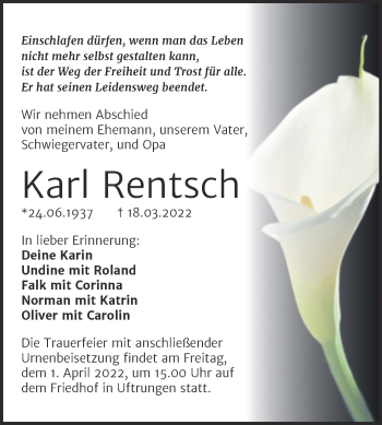 Traueranzeige von Karl Rentsch von Trauerkombi Sangerhausen