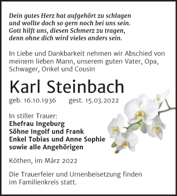 Traueranzeige von Karl Steinbach von Trauerkombi Köthen