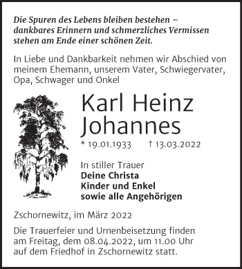 Traueranzeige von Karl Heinz Johannes von Trauerkombi Wittenberg