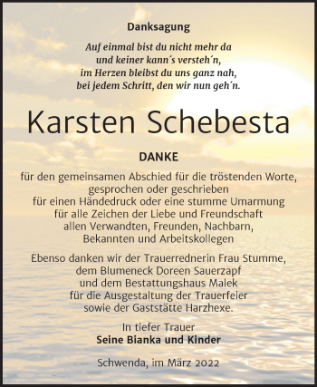 Traueranzeige von Karsten Schebesta von Trauerkombi Quedlinburg