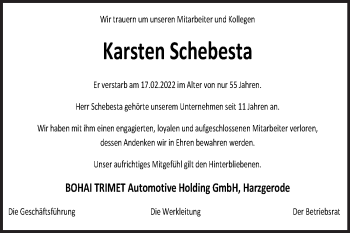 Traueranzeige von Karsten Schebesta von Mitteldeutsche Zeitung Sangerhausen
