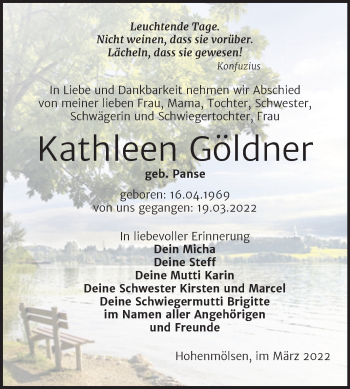 Traueranzeige von Kathleen Göldner von Trauerkombi Weißenfels