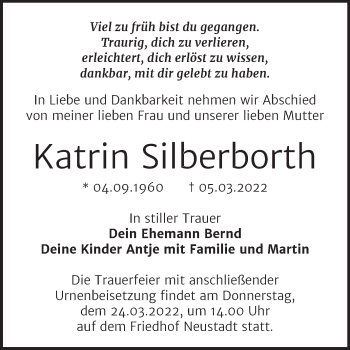 Traueranzeige von Katrin Silberborth von Mitteldeutsche Zeitung Halle/Saalkreis