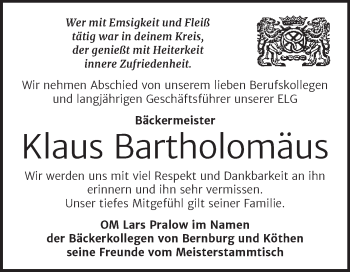 Traueranzeige von Klaus Bartholomäus von Trauerkombi Bernburg