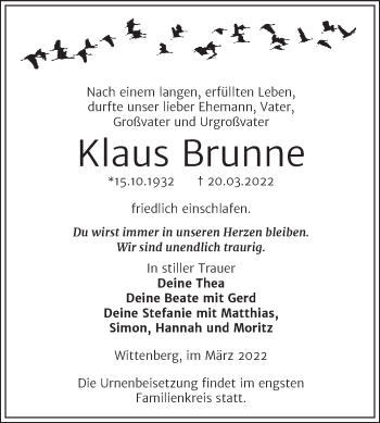 Traueranzeige von Klaus Brunne von Trauerkombi Wittenberg