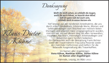 Traueranzeige von Klaus-Dieter Kühne von Trauerkombi Sangerhausen