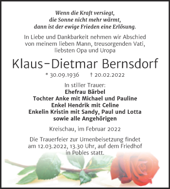Traueranzeige von Klaus-Dietmar Bernsdorf von Trauerkombi Weißenfels
