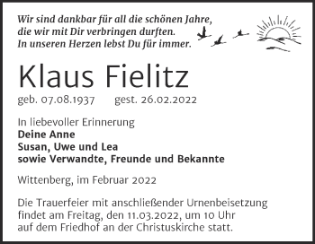 Traueranzeige von Klaus Fielitz von Trauerkombi Wittenberg