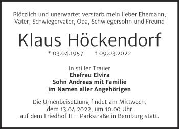 Traueranzeige von Klaus Höckendorf von Trauerkombi Bernburg