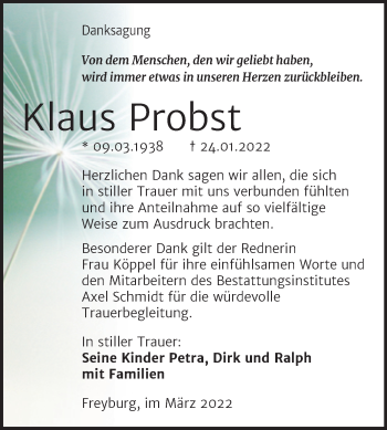 Traueranzeige von Klaus Probst von Wochenspiegel Naumburg/Nebra