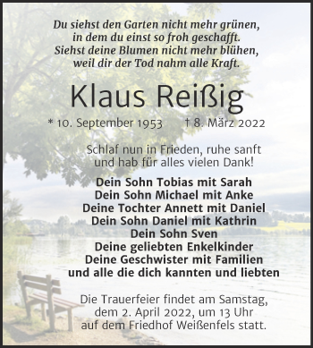 Traueranzeige von Klaus Reißig von Trauerkombi Weißenfels