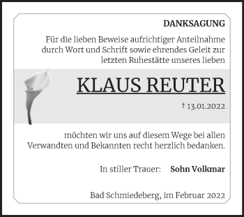 Traueranzeige von Klaus Reuter von Trauerkombi Wittenberg