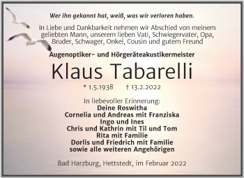 Traueranzeige von Klaus Tabarelli von Trauerkombi Mansfelder Land