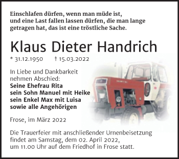 Traueranzeige von Klaus Dieter Handrich von Trauerkombi Aschersleben
