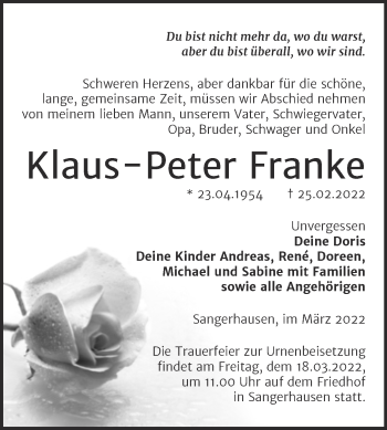 Traueranzeige von Klaus Peter Franke von Trauerkombi Sangerhausen