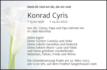 Traueranzeige von Konrad Cyris von Trauerkombi Sangerhausen