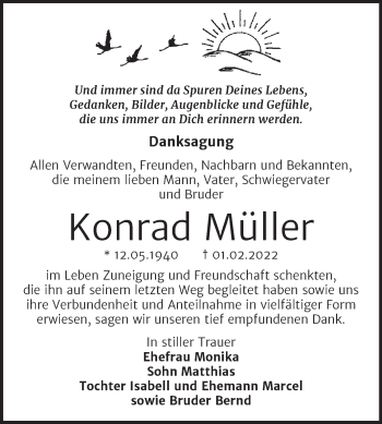 Traueranzeige von Konrad Müller von Wochenspiegel Naumburg/Nebra