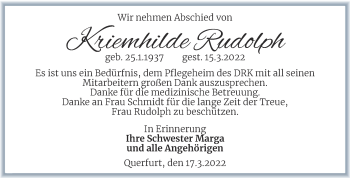 Traueranzeige von Kriemhilde Rudolph von Trauerkombi Merseburg