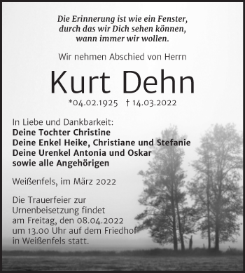 Traueranzeige von Kurt Dehn von Trauerkombi Weißenfels
