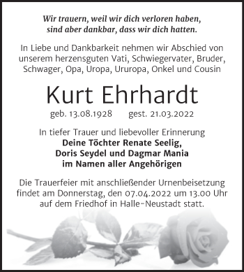 Traueranzeige von Kurt Ehrhardt von Mitteldeutsche Zeitung Halle/Saalkreis