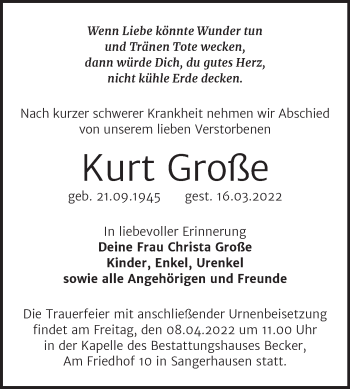 Traueranzeige von Kurt Große von Trauerkombi Sangerhausen
