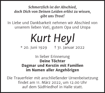 Traueranzeige von Kurt Heyl von Mitteldeutsche Zeitung Halle/Saalkreis
