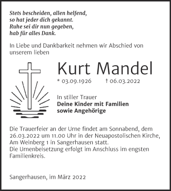 Traueranzeige von Kurt Mandel von Trauerkombi Sangerhausen