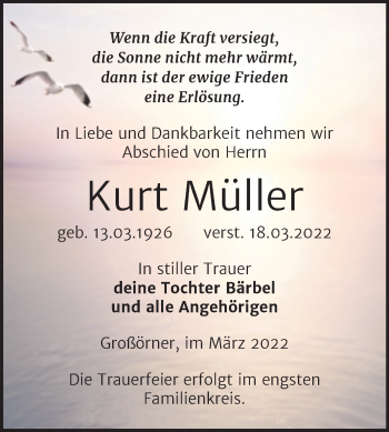 Traueranzeige von Kurt Müller von Trauerkombi Mansfelder Land