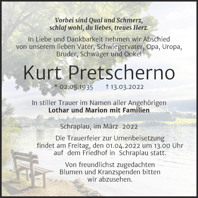  Traueranzeige für Kurt Pretscherno vom 19.03.2022 aus Trauerkombi Merseburg