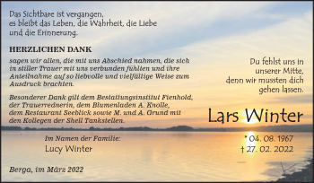 Traueranzeige von Lars Winter von Trauerkombi Sangerhausen