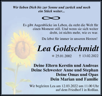 Traueranzeige von Lea Goldschmidt von Trauerkombi Dessau